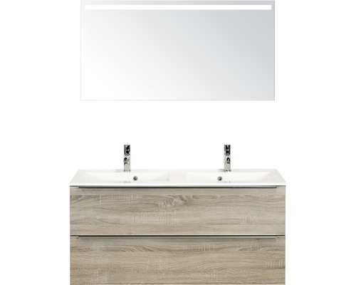 Doppelbadmöbel Sanox Pulse BxHxT 120 x 170 x 50 cm Frontfarbe eiche grau mit Waschtisch Mineralguss weiß und Waschtischunterschrank Doppelwaschtisch Spiegel mit LED-Beleuchtung Griff chrom matt 84727116