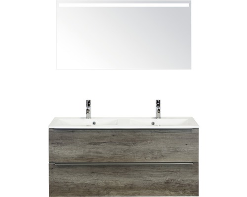 Doppelbadmöbel Sanox Pulse BxHxT 120 x 170 x 50 cm Frontfarbe nebraska oak mit Waschtisch Mineralguss weiß und Waschtischunterschrank Doppelwaschtisch Spiegel mit LED-Beleuchtung Griff chrom matt 84727124