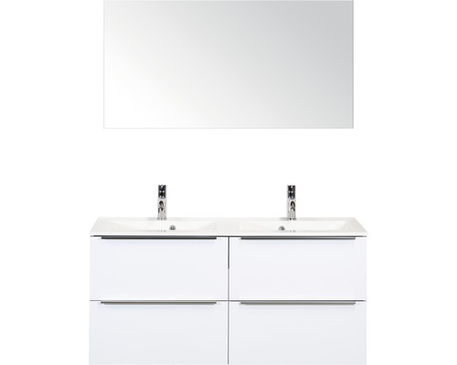 Doppelbadmöbel Sanox Pulse BxHxT 120 x 170 x 50 cm Frontfarbe weiß hochglanz mit Waschtisch Mineralguss weiß und Waschtischunterschrank Doppelwaschtisch Spiegel Griff chrom matt 84727301
