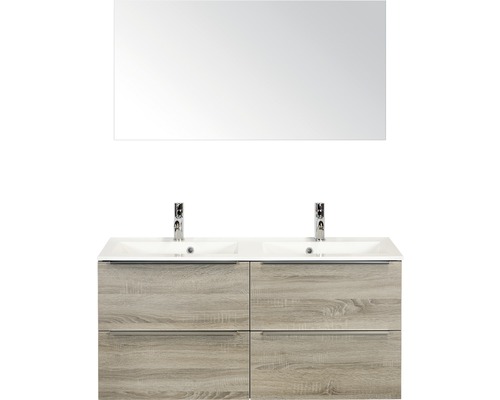 Doppelbadmöbel Sanox Pulse BxHxT 120 x 170 x 50 cm Frontfarbe eiche grau mit Waschtisch Mineralguss weiß und Waschtischunterschrank Doppelwaschtisch Spiegel Griff chrom matt 84727316