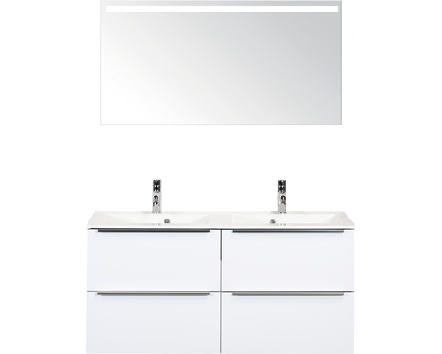 Doppelbadmöbel Sanox Pulse BxHxT 120 x 170 x 50 cm Frontfarbe weiß hochglanz mit Waschtisch Mineralguss weiß und Waschtischunterschrank Doppelwaschtisch Spiegel mit LED-Beleuchtung Griff chrom matt 84727401