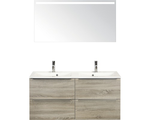 Doppelbadmöbel Sanox Pulse BxHxT 120 x 170 x 50 cm Frontfarbe eiche grau mit Waschtisch Mineralguss weiß und Waschtischunterschrank Doppelwaschtisch Spiegel mit LED-Beleuchtung Griff chrom matt 84727416