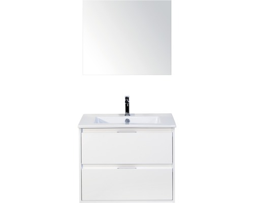 Badmöbel-Set Sanox Porto BxHxT 71 x 170 x 51 cm Frontfarbe weiß hochglanz mit Waschtisch Keramik weiß und Waschtischunterschrank Waschtisch Spiegel
