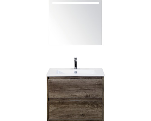 Badmöbel-Set Sanox Porto BxHxT 71 x 170 x 51 cm Frontfarbe nebraska oak mit Waschtisch Keramik weiß und Waschtischunterschrank Waschtisch Spiegel mit LED-Beleuchtung