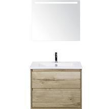 Badmöbel-Set Sanox Porto BxHxT 71 x 170 x 51 cm Frontfarbe eiche natur mit Waschtisch Keramik weiß und Waschtischunterschrank Waschtisch Spiegel mit LED-Beleuchtung