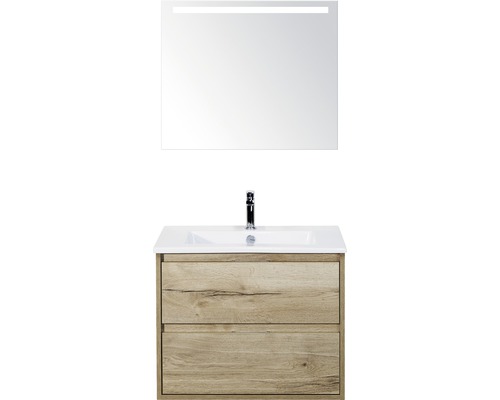 Badmöbel-Set Sanox Porto BxHxT 71 x 170 x 51 cm Frontfarbe eiche natur mit Waschtisch Keramik weiß und Waschtischunterschrank Waschtisch Spiegel mit LED-Beleuchtung