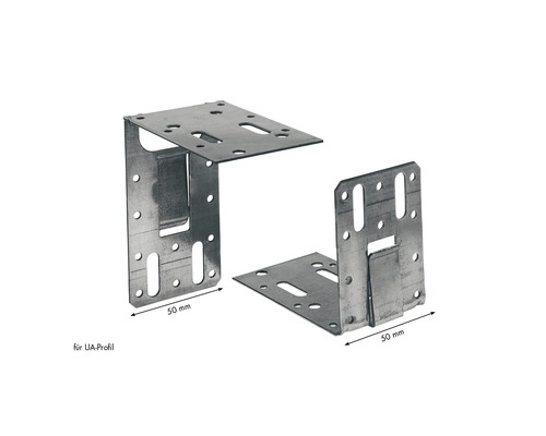 Zwei Winkelverbinder aus Metall mit Löchern zur Befestigung.