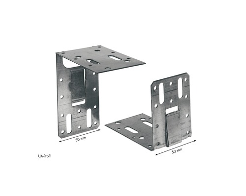 Zwei Winkelverbinder aus Metall mit Löchern zur Befestigung.