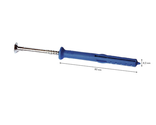 Blauer Schlagdübel, 80 Millimeter lang und 8 Millimeter Durchmesser