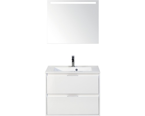 Badmöbel-Set Sanox Porto BxHxT 70 x 170 x 50 cm Frontfarbe weiß hochglanz mit Waschtisch Mineralguss weiß und Waschtischunterschrank Waschtisch Spiegel mit LED-Beleuchtung