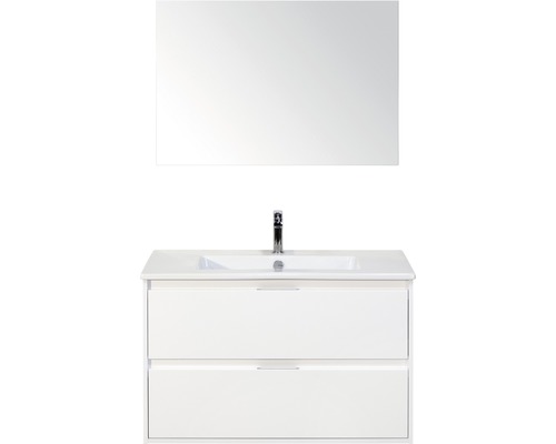 Badmöbel-Set Sanox Porto BxHxT 91 x 170 x 51 cm Frontfarbe weiß hochglanz mit Waschtisch Keramik weiß und Waschtischunterschrank Waschtisch Spiegel Weißer Waschtisch mit Spiegel und zwei Schubladen