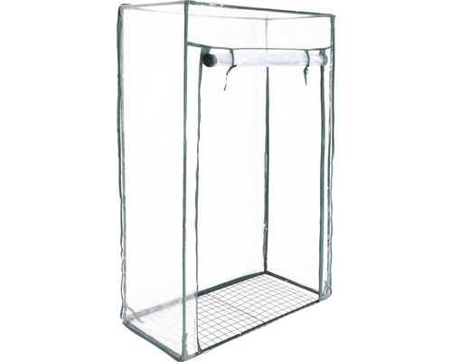 Gewächshaus mit Metallgitterboden und aufgerollter Tür