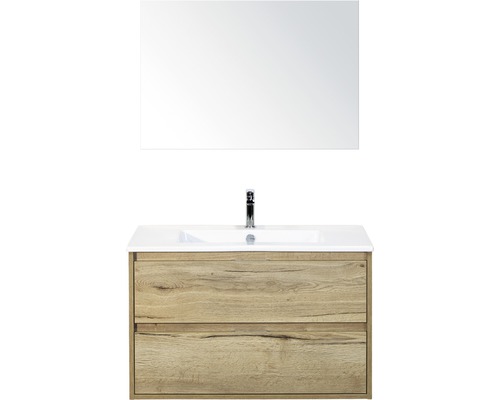Badmöbel-Set Sanox Porto BxHxT 91 x 170 x 51 cm Frontfarbe eiche natur mit Waschtisch Keramik weiß und Waschtischunterschrank Waschtisch Spiegel