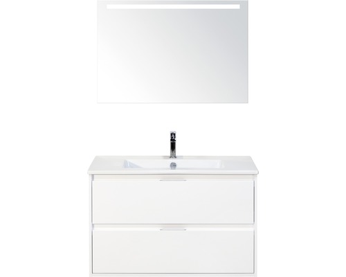 Badmöbel-Set Sanox Porto BxHxT 91 x 170 x 51 cm Frontfarbe weiß hochglanz mit Waschtisch Keramik weiß und Waschtischunterschrank Waschtisch Spiegel mit LED-Beleuchtung