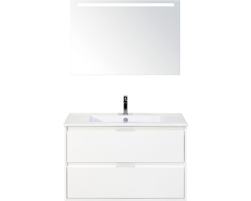 Badmöbel-Set Sanox Porto BxHxT 91 x 170 x 51 cm Frontfarbe weiß hochglanz mit Waschtisch Keramik weiß und Waschtischunterschrank Waschtisch Spiegel mit LED-Beleuchtung Waschtisch mit zwei Schubladen, Waschbecken, Armatur und beleuchtetem Spiegel