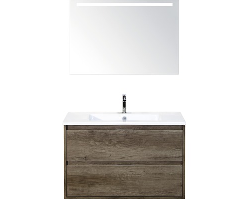 Badmöbel-Set Sanox Porto BxHxT 91 x 170 x 51 cm Frontfarbe nebraska oak mit Waschtisch Keramik weiß und Waschtischunterschrank Waschtisch Spiegel mit LED-Beleuchtung