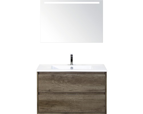 Badmöbel-Set Sanox Porto BxHxT 91 x 170 x 51 cm Frontfarbe nebraska oak mit Waschtisch Keramik weiß und Waschtischunterschrank Waschtisch Spiegel mit LED-Beleuchtung Waschtischkombination mit Spiegel und zwei Schubladen