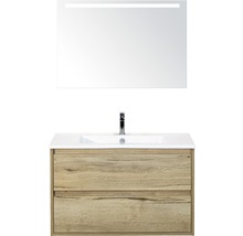 Badmöbel-Set Sanox Porto BxHxT 91 x 170 x 51 cm Frontfarbe eiche natur mit Waschtisch Keramik weiß und Waschtischunterschrank Waschtisch Spiegel mit LED-Beleuchtung