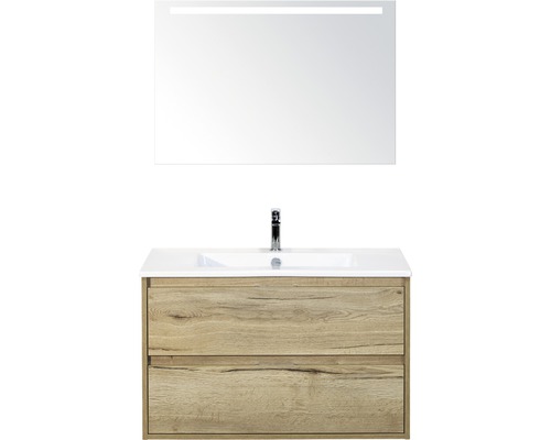 Badmöbel-Set Sanox Porto BxHxT 91 x 170 x 51 cm Frontfarbe eiche natur mit Waschtisch Keramik weiß und Waschtischunterschrank Waschtisch Spiegel mit LED-Beleuchtung