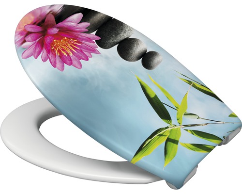 Toilettendeckel mit Motiv aus Blüte, Steinen und Bambus