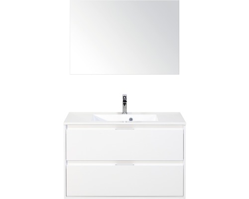 Badmöbel-Set Sanox Porto BxHxT 90 x 170 x 50 cm Frontfarbe weiß hochglanz mit Waschtisch Mineralguss weiß und Waschtischunterschrank Waschtisch Spiegel