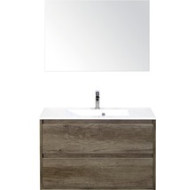 Badmöbel-Set Sanox Porto BxHxT 90 x 170 x 50 cm Frontfarbe nebraska oak mit Waschtisch Mineralguss weiß und Waschtischunterschrank Waschtisch Spiegel