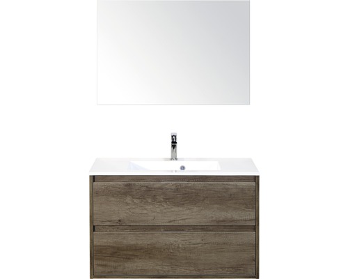 Badmöbel-Set Sanox Porto BxHxT 90 x 170 x 50 cm Frontfarbe nebraska oak mit Waschtisch Mineralguss weiß und Waschtischunterschrank Waschtisch Spiegel