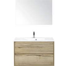 Badmöbel-Set Sanox Porto BxHxT 90 x 170 x 50 cm Frontfarbe eiche natur mit Waschtisch Mineralguss weiß und Waschtischunterschrank Waschtisch Spiegel