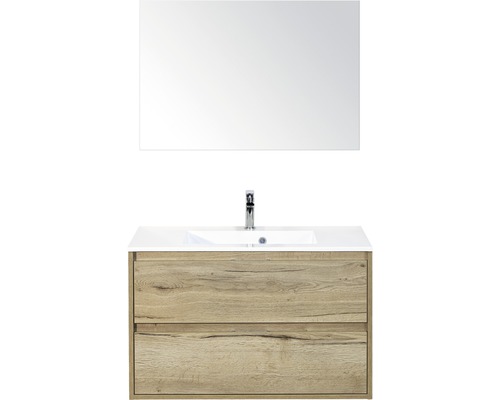 Badmöbel-Set Sanox Porto BxHxT 90 x 170 x 50 cm Frontfarbe eiche natur mit Waschtisch Mineralguss weiß und Waschtischunterschrank Waschtisch Spiegel