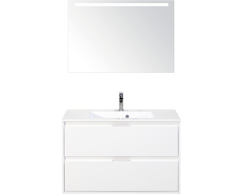 Badmöbel-Set Sanox Porto BxHxT 90 x 170 x 50 cm Frontfarbe weiß hochglanz mit Waschtisch Mineralguss weiß und Waschtischunterschrank Waschtisch Spiegel mit LED-Beleuchtung