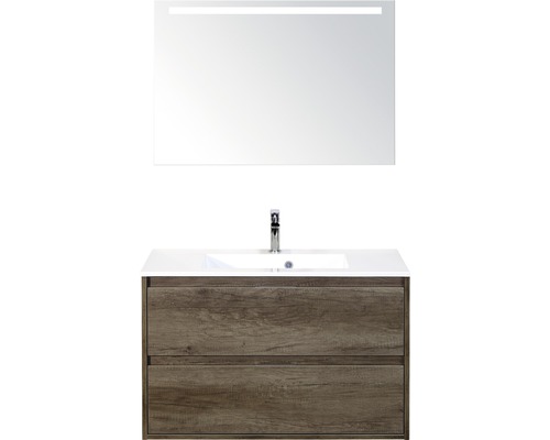 Badmöbel-Set Sanox Porto BxHxT 90 x 170 x 50 cm Frontfarbe nebraska oak mit Waschtisch Mineralguss weiß und Waschtischunterschrank Waschtisch Spiegel mit LED-Beleuchtung