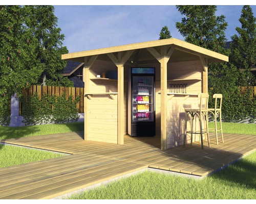 Pavillon weka Man Cave Freizeithütte mit Flachdach 218 x 218 cm Holz Gartenpavillon mit Kühlregal, Bartheke und Barhockern
