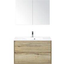 Badmöbel-Set Sanox Porto BxHxT 90 x 170 x 50 cm Frontfarbe eiche natur mit Waschtisch Mineralguss weiß