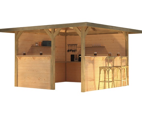 Holzgartenbar mit Regalen, Barhockern und Getränken