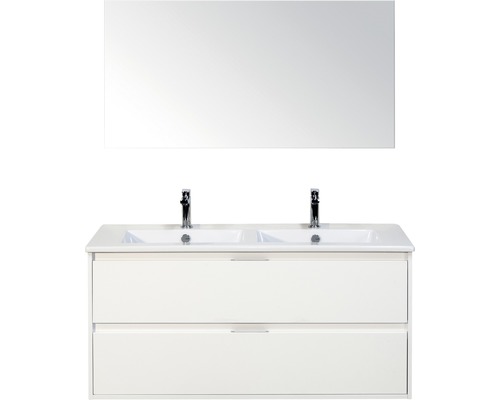 Badmöbel-Set Sanox Porto BxHxT 121 x 170 x 51 cm Frontfarbe weiß hochglanz mit Waschtisch Keramik weiß und Waschtischunterschrank Doppelwaschtisch Spiegel