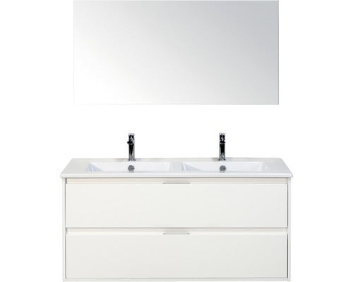 Badmöbel-Set Sanox Porto BxHxT 121 x 170 x 51 cm Frontfarbe weiß hochglanz mit Waschtisch Keramik weiß und Waschtischunterschrank Doppelwaschtisch Spiegel Doppelwaschtisch mit Spiegel für das Badezimmer