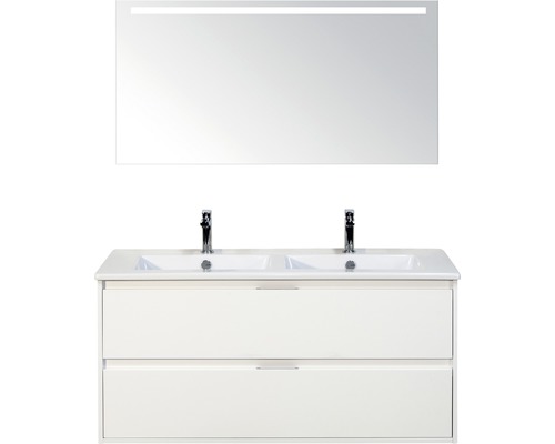 Badmöbelset 3-teilig Doppelbadmöbel Sanox Porto BxHxT 121 x 170 x 51 cm Frontfarbe weiß hochglanz mit Waschtisch Keramik weiß und Waschtischunterschrank Doppelwaschtisch Spiegel mit LED-Beleuchtung 84730101 Waschtisch mit zwei Waschbecken, Unterschrank und Spiegel mit Beleuchtung