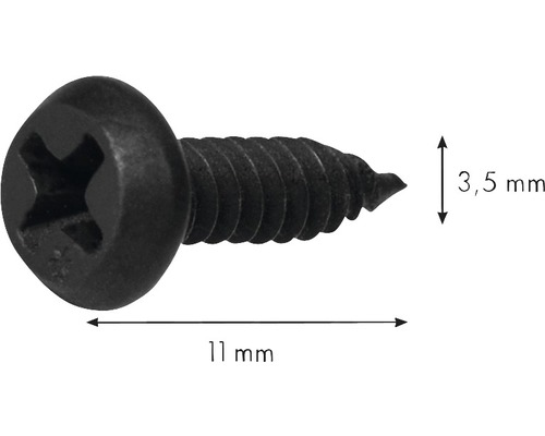 Knauf Blechschrauben LN mit Nagelspitze 3,5 mm x 11 mm Pack = 1000 St Eine schwarze 11-Millimeter-Blechschraube mit einem Durchmesser von 3,5 Millimetern.