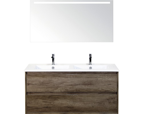 Badmöbelset 3-teilig Doppelbadmöbel Sanox Porto BxHxT 121 x 170 x 51 cm Frontfarbe nebraska oak mit Waschtisch Keramik weiß und Waschtischunterschrank Doppelwaschtisch Spiegel mit LED-Beleuchtung 84730124 Waschtisch mit zwei Waschbecken, Unterschrank mit zwei Schubladen und Spiegel mit Beleuchtung