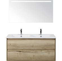 Badmöbelset 3-teilig Doppelbadmöbel Sanox Porto BxHxT 121 x 170 x 51 cm Frontfarbe eiche natur mit Waschtisch Keramik weiß und Waschtischunterschrank Doppelwaschtisch Spiegel mit LED-Beleuchtung 84730127