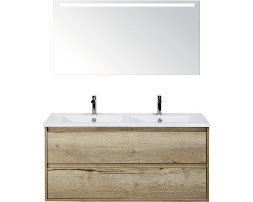 Badmöbelset 3-teilig Doppelbadmöbel Sanox Porto BxHxT 121 x 170 x 51 cm Frontfarbe eiche natur mit Waschtisch Keramik weiß und Waschtischunterschrank Doppelwaschtisch Spiegel mit LED-Beleuchtung 84730127 Waschtisch mit Doppelwaschbecken, Unterschrank und Spiegel mit Beleuchtung