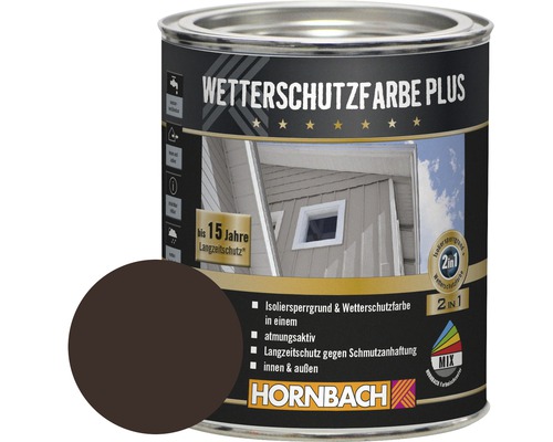 HORNBACH Holzfarbe Wetterschutzfarbe Plus dunkelbraun 750 ml Farbdose Wetterschutzfarbe Plus mit Farbbeispiel und Hornbach Logo