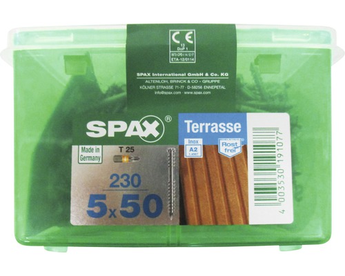 Spax Terrassenschrauben 5x50 Millimeter, 230 Stück, Edelstahlausführung A2, Rostfrei, Made in Germany