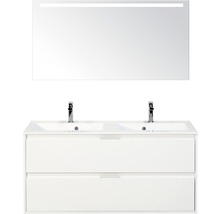 Badmöbel-Set Sanox Porto BxHxT 120 x 170 x 50 cm Frontfarbe weiß hochglanz mit Waschtisch Mineralguss weiß und Mineralguss-Doppelwaschtisch Waschtischunterschrank Spiegelschrank mit LED-Beleuchtung