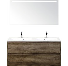 Badmöbel-Set Sanox Porto BxHxT 120 x 170 x 50 cm Frontfarbe nebraska oak mit Waschtisch Mineralguss weiß und Mineralguss-Doppelwaschtisch Waschtischunterschrank Spiegelschrank mit LED-Beleuchtung