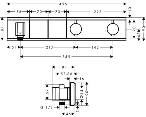 Technische Zeichnung einer Armatur mit Maßangaben