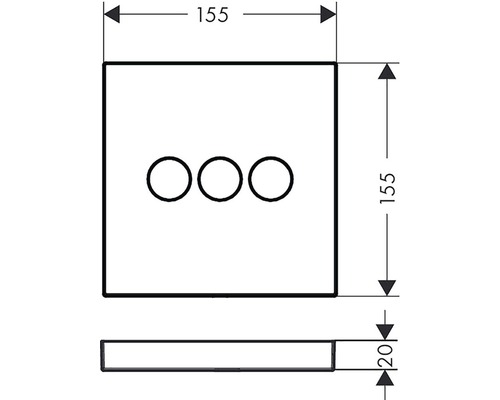 Technische Zeichnung einer quadratischen Rosette mit drei Bohrungen, Maße 155 x 155 x 20 Millimeter.