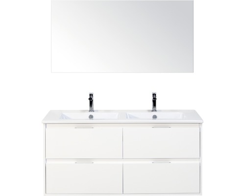 Badmöbel-Set Porto 120 cm mit Doppelwaschtisch Keramik 4 Schubladen und Spiegel weiß hochglanz