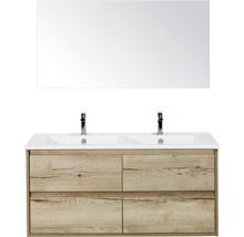 Badmöbel-Set Porto 120 cm mit Doppelwaschtisch Keramik 4 Schubladen und Spiegel Eiche natur
