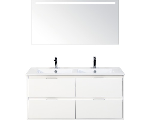 Badmöbelset 3-teilig Doppelbadmöbel Sanox Porto BxHxT 121 x 170 x 51 cm Frontfarbe weiß hochglanz mit Waschtisch Keramik weiß und Waschtischunterschrank Doppelwaschtisch Spiegel mit LED-Beleuchtung 84731301
